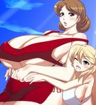  bare_shoulders belly blonde_hair breasts brown_eyes brown_hair cleavage gigantic_breasts highres large_breasts lips long_hair multiple_girls one_eye_closed original parted_lips plump revision short_hair sideboob tamanegiya 