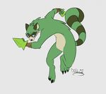  armeddillo black_fur black_nose blue_eyes claws colored female fur green_fur jumping looking_at_viewer mammal maypul nude raccoon rivals_of_aether signature simple_background solo tagme tan_fur video_games weapon white_background 