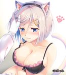  animal_ears bare_shoulders black_bra blue_eyes blush bra breasts cat_ears cat_tail cleavage collarbone frilled_bra frills gloves hair_ornament hairband hairclip hakuda_tofu hamakaze_(kantai_collection) hand_on_another's_head heart kantai_collection kemonomimi_mode large_breasts looking_to_the_side midriff out_of_frame paw_print petting short_hair silver_hair simple_background solo_focus tail underwear upper_body wavy_mouth 