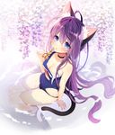  ahoge animal_ears blue_eyes blush breasts byulzzimon cat_ears cat_tail cleavage covered_navel flower knees_together_feet_apart long_hair looking_at_viewer medium_breasts one-piece_swimsuit original parted_lips purple_hair school_swimsuit scissors sitting solo swimsuit tail thighhighs torn_clothes torn_swimsuit water white_legwear wisteria 