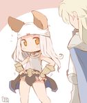  1girl :o adjusting_clothes adjusting_swimsuit animal_ears armor bare_shoulders blonde_hair blush bow bow_panties cape cat_ears commentary_request cowboy_shot granblue_fantasy hanomido long_hair looking_at_another naoise object_on_head open_mouth orange_eyes panties panties_on_head pink_bow scathacha_(granblue_fantasy) silver_hair swimsuit underwear white_panties 