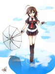  :d ahoge black_gloves black_legwear black_serafuku blue_eyes braid brown_hair cloud fingerless_gloves gloves hair_flaps hair_ornament hair_ribbon holding holding_umbrella kantai_collection kneehighs loafers long_hair looking_at_viewer open_mouth pleated_skirt puddle reflection remodel_(kantai_collection) ribbon saeki_hokuto school_uniform serafuku shigure_(kantai_collection) shoes short_sleeves signature single_braid skirt sky smile solo umbrella water 