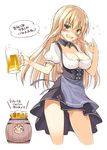  :d =_= alcohol alternate_costume apron barrel beer beer_mug bismarck_(kantai_collection) blonde_hair blue_apron blue_eyes blush breasts cleavage cropped_legs cup detached_collar dirndl drunk food german_clothes highres holding holding_cup iron_cross kantai_collection large_breasts long_hair looking_at_viewer multiple_girls no_panties oktoberfest oota_yuuichi open_mouth prinz_eugen_(kantai_collection) sausage short_sleeves simple_background skirt smile translation_request underbust waist_apron white_background 
