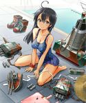  :3 ahoge bangs bare_legs barefoot black_hair blue_skirt blush boots_removed breasts brown_eyes cannon cleavage collarbone full_body hair_between_eyes hat hat_removed headwear_removed kantai_collection kona_(garihagemegane) large_breasts long_hair looking_at_viewer miniskirt narrow_waist on_floor one-piece_swimsuit pleated_skirt polka_dot polka_dot_swimsuit pool revision scrunchie sitting skirt sleeveless solo straw_hat swimsuit tank_top taut_clothes tile_floor tiles torpedo turret ushio_(kantai_collection) wariza wrist_scrunchie 