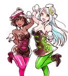  :d ;d aori_(splatoon) aori_(splatoon)_(cosplay) breasts brown_eyes brown_hair cleavage cosplay dark_skin detached_collar eve_santaclaus gloves hat high_heels hotaru_(splatoon) hotaru_(splatoon)_(cosplay) idolmaster idolmaster_cinderella_girls long_hair looking_at_viewer medium_breasts multiple_girls natalia_(idolmaster) nekomata_naomi one_eye_closed open_mouth pantyhose short_jumpsuit simple_background smile splatoon_(series) splatoon_1 white_background white_gloves white_hair yellow_eyes 