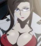  1girl blue_eyes breasts brown_hair cleavage doctor dragonaut female glasses highres huge_breasts kitajima_yuuri labcoat large_breasts lipstick long_hair looking_at_viewer makeup pink_lipstick screencap solo stitched 