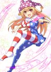 american_flag_dress american_flag_legwear blonde_hair clownpiece cross_(crossryou) fairy_wings hat jester_cap long_hair open_mouth pantyhose red_eyes revision smile solo star striped striped_legwear torch touhou very_long_hair wings 