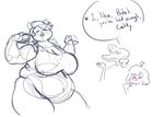  blush bratty_(undertale) burger catty_(undertale) cleavage clothed clothing eating english_text female food freckles human male mammal monochrome overweight protagonist_(undertale) scalie sweat text undertale unknown_artist 