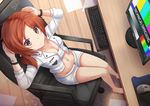  :t bare_legs barefoot blush bracelet breasts brown_eyes brown_hair chair cleavage from_above frustrated groin jewelry karen_(kazenokaze) kazenokaze keyboard_(computer) legs looking_up medium_breasts midriff monitor mouse_(computer) mousepad_(object) navel office_chair open_clothes open_fly open_shirt original paper perspective sarashi shiny shiny_skin shirt short_hair sitting solo unzipped 