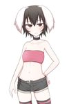  alternate_costume animal_ears bandeau black_hair bunny_ears choker collarbone frown highres inaba_tewi kuroba_rapid looking_at_viewer midriff navel red_eyes serious short_hair shorts simple_background solo strapless striped striped_legwear thighhighs touhou unbuttoned white_background 