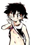  1boy belly_button black_hair boy child male male_focus moso_(artist) pokemon satoshi_(pokemon) shirt_lift solo wet young 