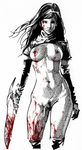  1girl artist_request blood bottomless breasts monochrome spine sword 