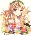  atelier_(series) atelier_ayesha ayesha_altugle bad_id bad_pixiv_id brown_eyes flower hair_flower hair_ornament hat highres light_brown_hair long_hair smile solo sweetroad upper_body white_background 