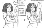  character_request clothes_writing comic duplicate english greyscale mega_milk meme_attire middle_finger monochrome peach_(momozen) shirt short_hair suggestive_fluid 