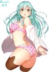  :p ass black_legwear bra breasts cropped_legs dress_shirt floating_hair green_hair isshiki_(ffmania7) jewelry kantai_collection large_breasts long_hair long_sleeves looking_at_viewer no_pants off_shoulder panties polka_dot polka_dot_bra polka_dot_panties ring shiny shiny_skin shirt solo suzuya_(kantai_collection) thighhighs tongue tongue_out twitter_username underwear underwear_only white_background yellow_eyes 