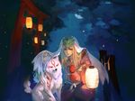  amaterasu animal blonde_hair closed_eyes cloud ein_lee eyes full_moon goddess hakama helmet japanese_clothes kneeling lamp long_hair male_focus moon night ookami_(game) star ushiwakamaru veil wolf 