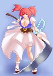  breasts cleavage hair_bobbles hair_ornament highres homing_misosiru large_breasts no_bra onozuka_komachi red_eyes red_hair scythe short_hair solo touhou two_side_up 