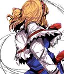  alice_margatroid blonde_hair blue_dress capelet dress frills from_behind hairband long_sleeves necktie puppet_strings red_hairband red_neckwear short_hair simple_background solo spinning touhou umakatsuhai upper_body white_background white_capelet 