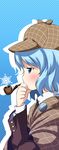  1girl blue_eyes blue_hair blush cirno cosplay deerstalker formal hat joey_hanma pipe profile sherlock_holmes short_hair snowflakes solo suit the_adventures_of_sherlock_holmes touhou upper_body 