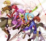  3girls asbel_lhant blade blue_hair blue_shirt brown_eyes brown_hair cheria_barnes glasses gloves hubert_ozwell machimori malik_caesars multicolored_hair multiple_boys multiple_girls pascal polearm purple_eyes purple_hair red_hair scarf shirt short_hair sophie_(tales) spear tales_of_(series) tales_of_graces twintails two-tone_hair two_side_up weapon white_hair zoom_layer 