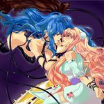  bdsm blonde_hair blue_eyes blue_hair blush bondage boots bound cable chin_grab dual_persona earrings imminent_kiss jewelry lipstick long_hair macross macross_frontier macross_frontier:_itsuwari_no_utahime makeup multiple_girls munage4 sheryl_nome thigh_boots thighhighs very_long_hair yuri 