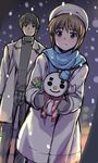  1girl brown_hair coat g-tetsu gloves hagiwara_yukiho hat idolmaster idolmaster_(classic) scarf short_hair snow snowman winter_clothes 