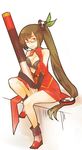  blazblue breasts cleavage cleavage_cutout erenko glasses lao_jiu litchi_faye_ling long_hair medium_breasts orange_eyes panda ponytail side_ponytail solo staff 