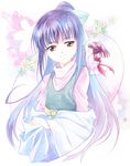  1girl agahari blue_hair bow brown_eyes flower fujisaki_nadeshiko graphite_(medium) guardian_chara hair_bow japanese_clothes kimono long_hair otoko_no_ko paint_(medium) ponytail purple_hair shugo_chara! smile temari_(shugo_chara!) traditional_media turtleneck 