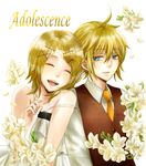  1girl adolescence_(vocaloid) bad_id bad_pixiv_id blonde_hair blue_eyes brother_and_sister cendrillon_(vocaloid) closed_eyes flower hair_ornament hairclip kagamine_len kagamine_rin necktie open_mouth saito-san short_hair siblings sleeveless_blazer smile song_name strap_slip twins vocaloid 