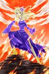  1girl bare_shoulders blonde_hair blue_eyes cloud_strife detached_sleeves dress earrings female final_fantasy final_fantasy_vii genderswap hair_ornament high_heels highres jewelry long_hair outdoors redcat shoes sky solo sword torn_clothes weapon 
