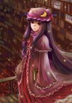 bad_id bad_pixiv_id bangs blunt_bangs book bookshelf bow capelet crescent hair_bow hat jitome library long_hair patchouli_knowledge purple_eyes purple_hair robe solo touhou vetina voile 