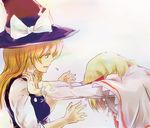  alice_margatroid blonde_hair capelet hairband hands hat hat_ribbon jingo_kajiki kirisame_marisa long_hair multiple_girls open_mouth profile pushing ribbon short_hair touhou witch_hat 