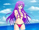  ahoge bad_id bad_pixiv_id bikini blue_eyes blush covering covering_breasts crossed_arms embarrassed jewelry long_hair necklace ocean purple_hair solo submerged swimsuit topless water yamada_taka 