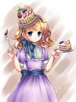  bad_id bad_pixiv_id blonde_hair blue_eyes cake cake_hat child copyright_request food food_as_clothes fork fruit gothic hat highres lilks long_hair pastry solo strawberry 