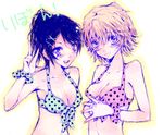  bad_id bad_pixiv_id bikini black_hair blush breasts brown_hair cleavage katekyo_hitman_reborn! medium_breasts miura_haru multiple_girls nemasuba polka_dot polka_dot_bikini polka_dot_swimsuit sasagawa_kyouko short_hair small_breasts smile swimsuit v 