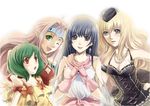  blonde_hair blue_eyes blue_hair blush chain dress earrings gloves green_eyes green_hair hat jewelry lynn_minmay macross macross:_do_you_remember_love? macross_7 macross_frontier multiple_girls mylene_jenius one_eye_closed pink_hair pointy_ears ranka_lee red_eyes sheryl_nome transparent_(artist) 