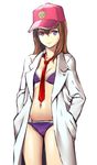  baseball_cap bikini brown_hair g-tetsu hands_in_pockets hat highres labcoat long_hair makise_kurisu necktie purple_eyes red_neckwear solo steins;gate swimsuit 