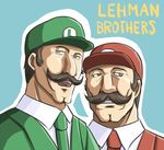  bad_id bad_pixiv_id blue_background blue_eyes brown_hair clenched_teeth collared_shirt english facial_hair green_hat green_jacket green_neckwear hat jacket lehman_brothers looking_at_viewer looking_away looking_to_the_side luigi mario mario_(series) mika-shi multiple_boys mustache necktie open_mouth parody red_hat red_jacket red_neckwear shirt super_mario_bros. teeth text_focus upper_body white_shirt 