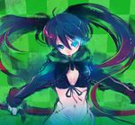  aco_(koaya_ako) bikini_top black_hair black_rock_shooter black_rock_shooter_(character) blue_eyes burning_eye long_hair scar solo tongue twintails 