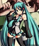  aqua_eyes aqua_hair commentary detached_sleeves english_commentary hatsune_miku kouken long_hair pinky_out skirt smile solo thighhighs twintails very_long_hair vocaloid watermark web_address zettai_ryouiki zoom_layer 