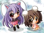  animal_ears bad_id bad_pixiv_id blazer brown_hair bunny_ears carrot carrot_necklace chibi dress inaba_tewi jacket jewelry multiple_girls necklace necktie orange_eyes pendant purple_hair red_eyes reisen_udongein_inaba shinjitsu skirt socks touhou 