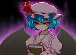  :&lt; aura bat_wings blue_hair book eyelashes glowing glowing_eyes hat noise red_eyes remilia_scarlet short_hair sketch solo touhou translated wings 