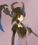  aco_(koaya_ako) black_hair black_rock_shooter dead_master green_eyes holding holding_scythe horns lowres scythe smile solo 