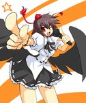  black_wings brown_hair foreshortening harukatron hat looking_at_viewer microphone open_mouth red_eyes shameimaru_aya short_hair solo tokin_hat touhou wings 