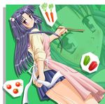  apron carrot chopsticks clannad cooking hair_bobbles hair_ornament hiiragi_tomoka ichinose_kotomi school_uniform solo tomato two_side_up 