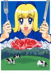  bad_hands blonde_hair blue_eyes bow cow field food fork hair_bow highres ietan knife mountain solo steak 