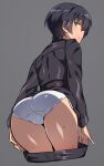  1girl ass black_hair blue_eyes blush cameltoe clothes_pull em_(totsuzen_no_hakike) eyebrows_visible_through_hair from_behind grey_background kino_(kino_no_tabi) kino_no_tabi looking_at_viewer looking_back open_mouth panties pants pants_pull pulled_by_self shiny shiny_hair short_hair simple_background solo sweat underwear white_panties 