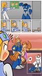  4girls 4koma armor ass blonde_hair bodysuit bottomless breasts comic crossover cup fire green_eyes head_mounted_display highres injury josue_pereira medic monster_girl multiple_girls no_pants nova_(starcraft) pyro small_breasts smile starcraft team_fortress_2 terran terran_ghost terran_medic watermark zerg_(starcraft) 