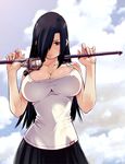  black_hair breasts cleavage fishing_rod hair_over_one_eye holding holding_fishing_rod large_breasts long_hair looking_at_viewer sato_masaki shinkai_nagisa solo tsuri_chichi_nagisa 