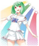  :d ahoge bangs bare_arms blouse blue_bow blue_neckwear bow breasts capelet cowboy_shot eyebrows_visible_through_hair green_hair hair_ribbon looking_away macross macross_frontier miniskirt open_mouth outstretched_arm pink_ribbon ranka_lee red_eyes ribbon school_uniform short_hair short_sleeves skirt small_breasts smile solo star utou_yoshio white_background white_blouse white_skirt 